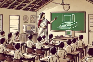 DALL·E 2024-08-18 12.31.57 – A wide aspect ratio illustration showing a teacher teaching about computers in a Sri Lankan poor school. The classroom is simple with basic furniture,